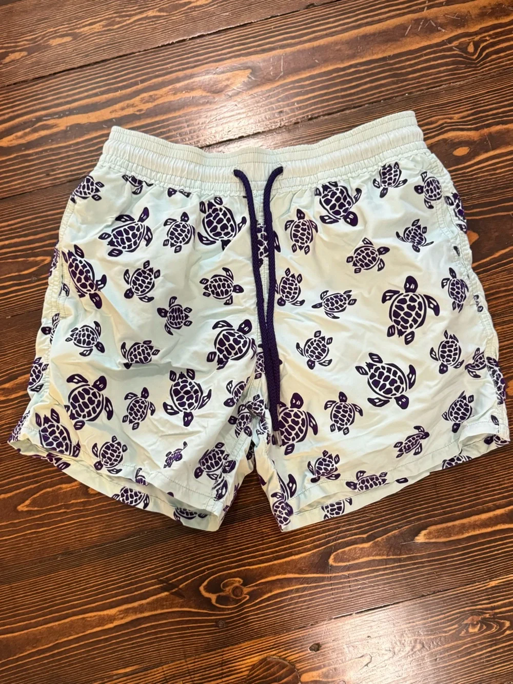 Vilebrequin Mint Green Mens Swim Shorts with Purple Turtle Print